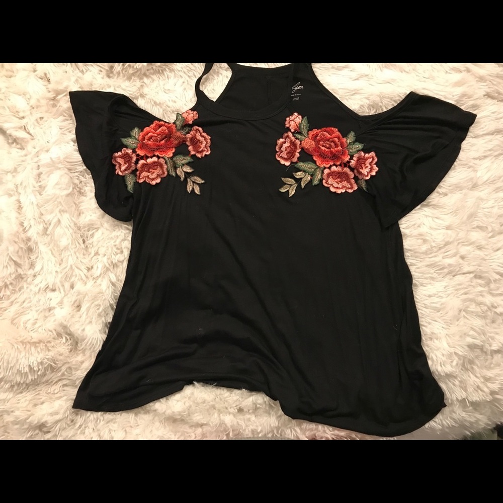 Cold shoulder ruffle sleeve embroidered top